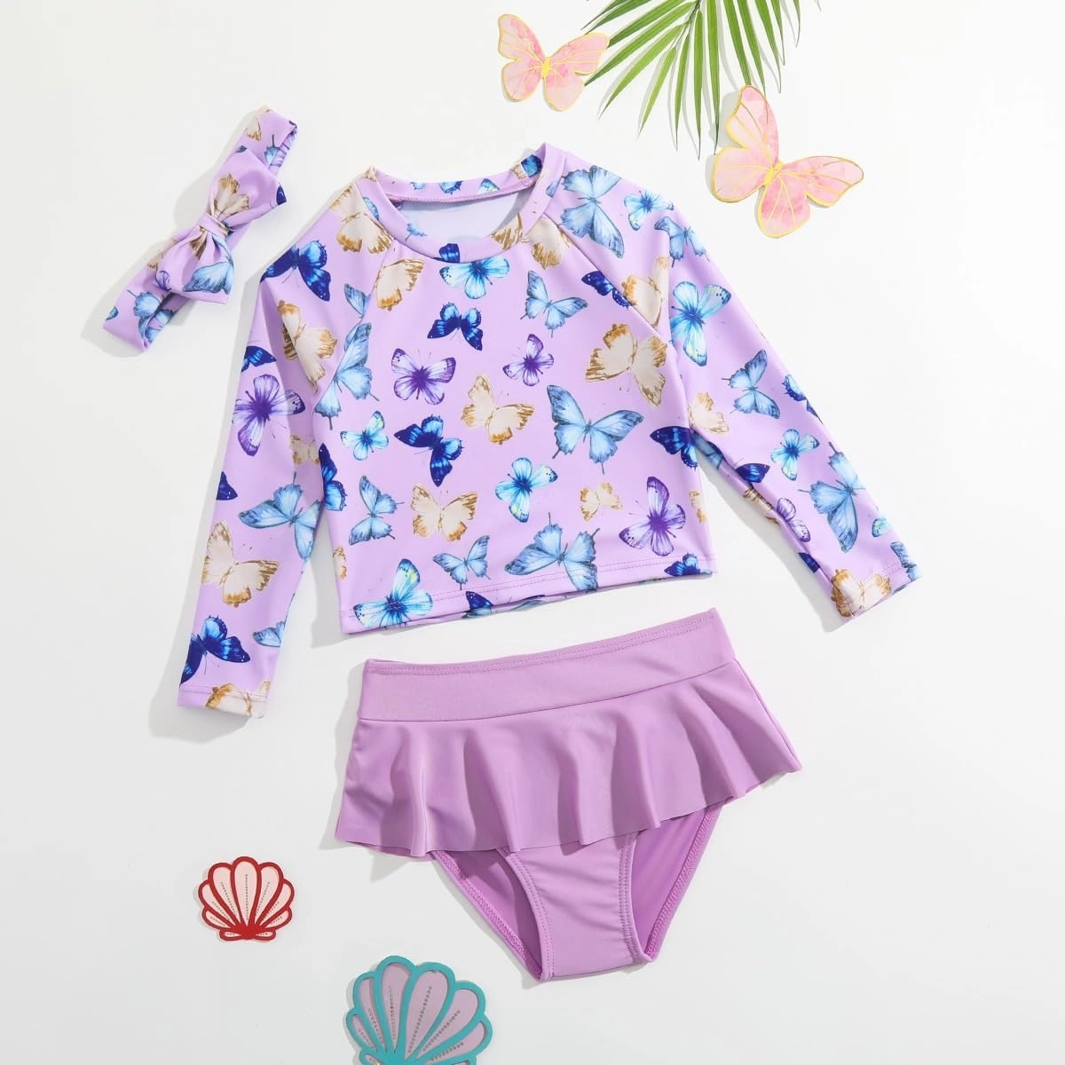 Toddler Swimsuit Girl 3 Piece Rash Guard Bathing Suit Cute Little Girls Long Sleeve Quick Dry Swimwear 1-6 Years