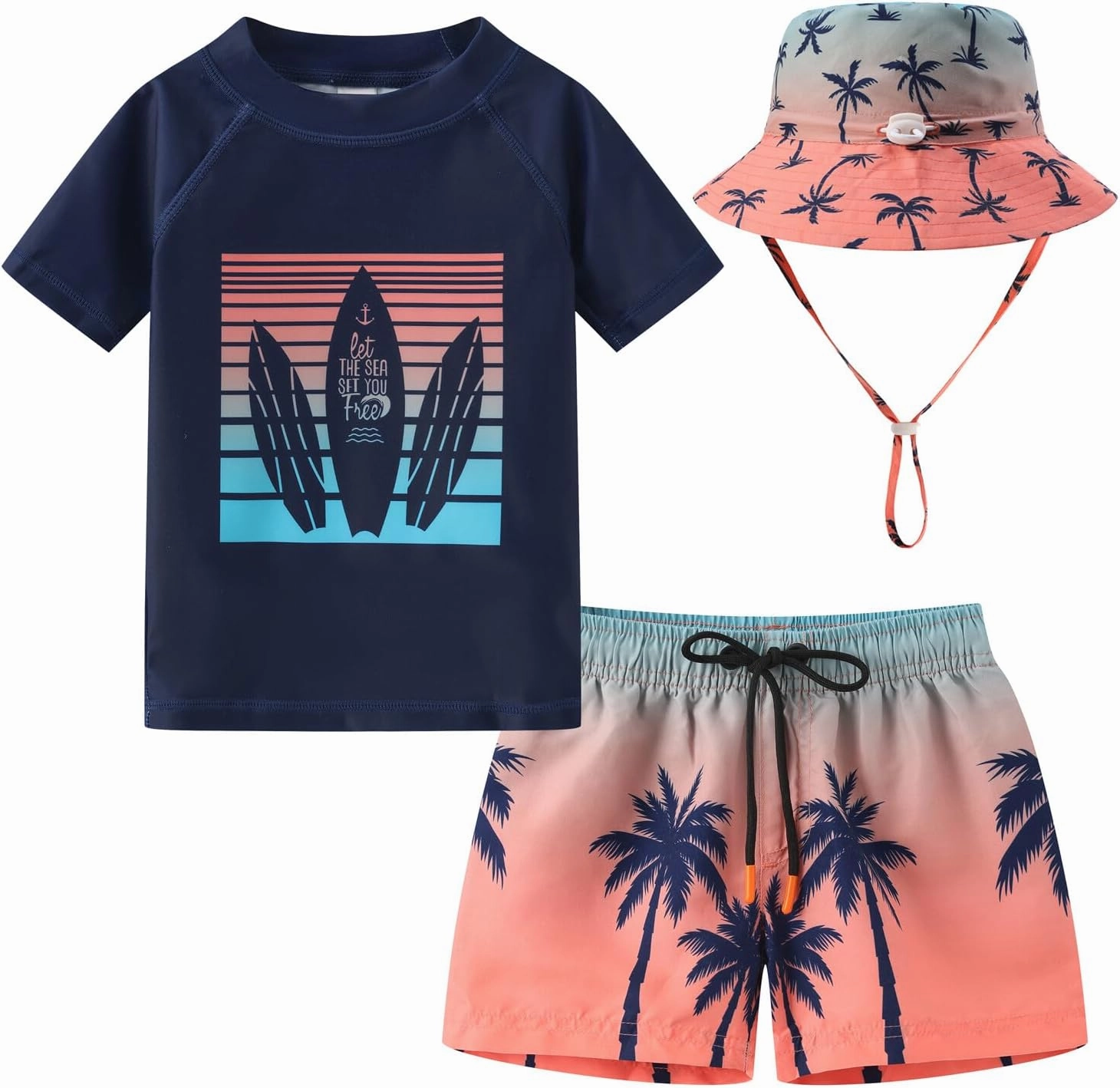 Toddlers and Baby Boys' 3-Piece Rashguard Sets Swimsuits Sets with Hat Surfing Swimwear Sunsuit UPF 50 