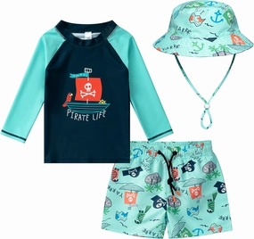 Toddlers and Baby Boys' 3-Piece Swimsuit Trunk Rashguard Set and Sun Hat Swimwear Bathing Suit Sunsuit Swim Shirt UPF 50 