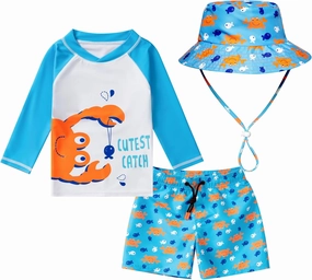 Toddlers Baby Boys' 3-Piece Swimsuit Trunk Rashguard Set and Sun Hat Swimwear Bathing Suit UPF 50 