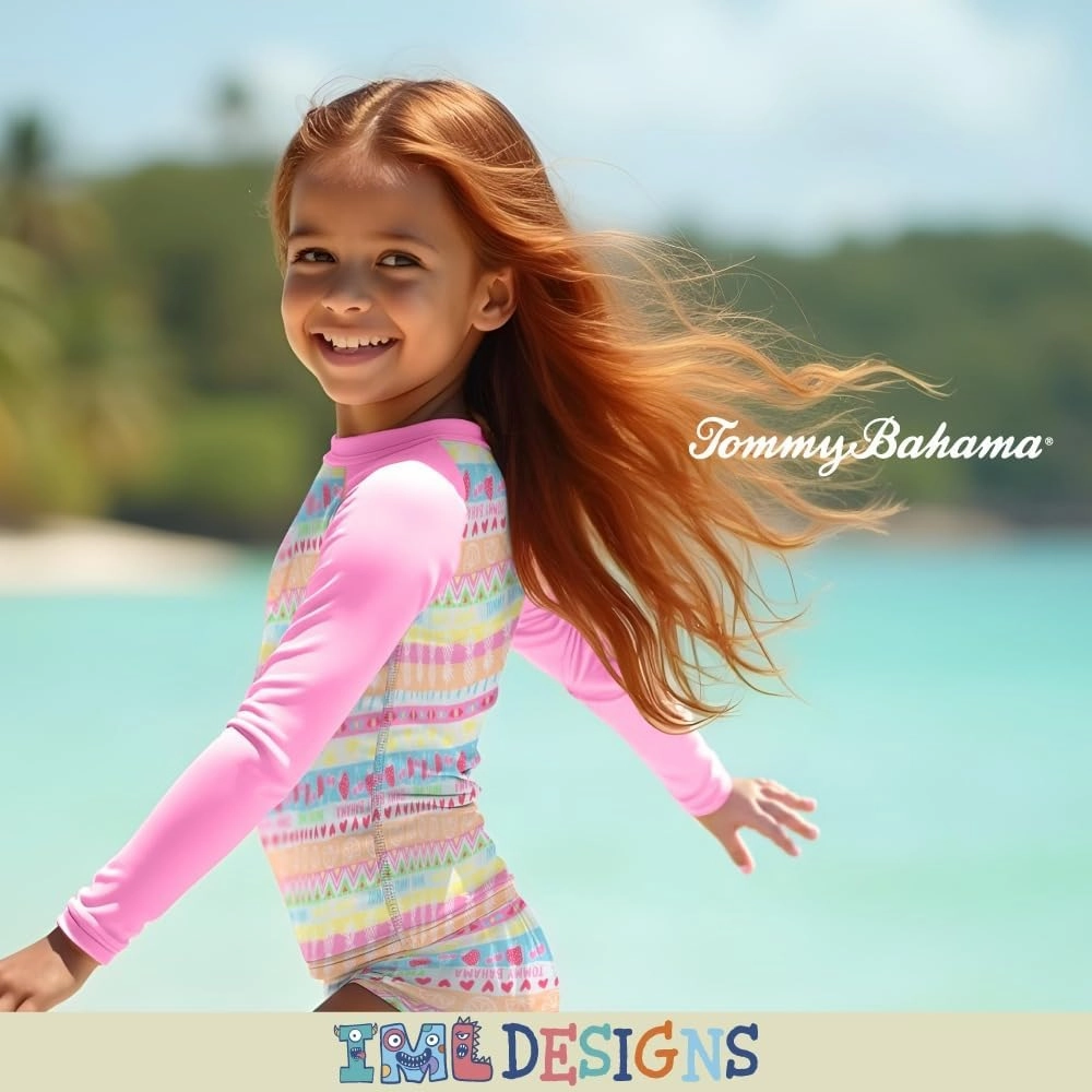 Tommy Bahama Girls 2-Piece Swimsuit Set, Long-Sleeved Rash Guard and Bikini Bottoms, Quick-Drying Swimwear for Kids