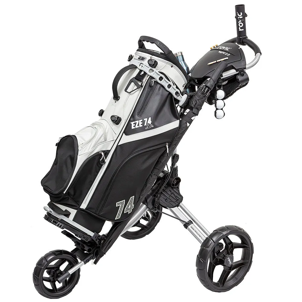 Clicgear Rovic RV1C 2.0 Compact 3-Wheel Push Trolley - Silver/Black, Bluetooth golf speaker, Golf mat for home, Golf gear for seniors