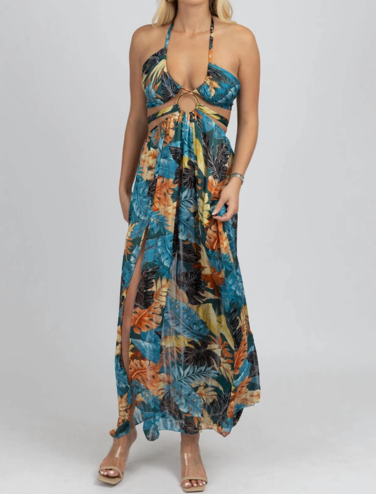 Tropical High Slit Maxi Cover Up In Teal
