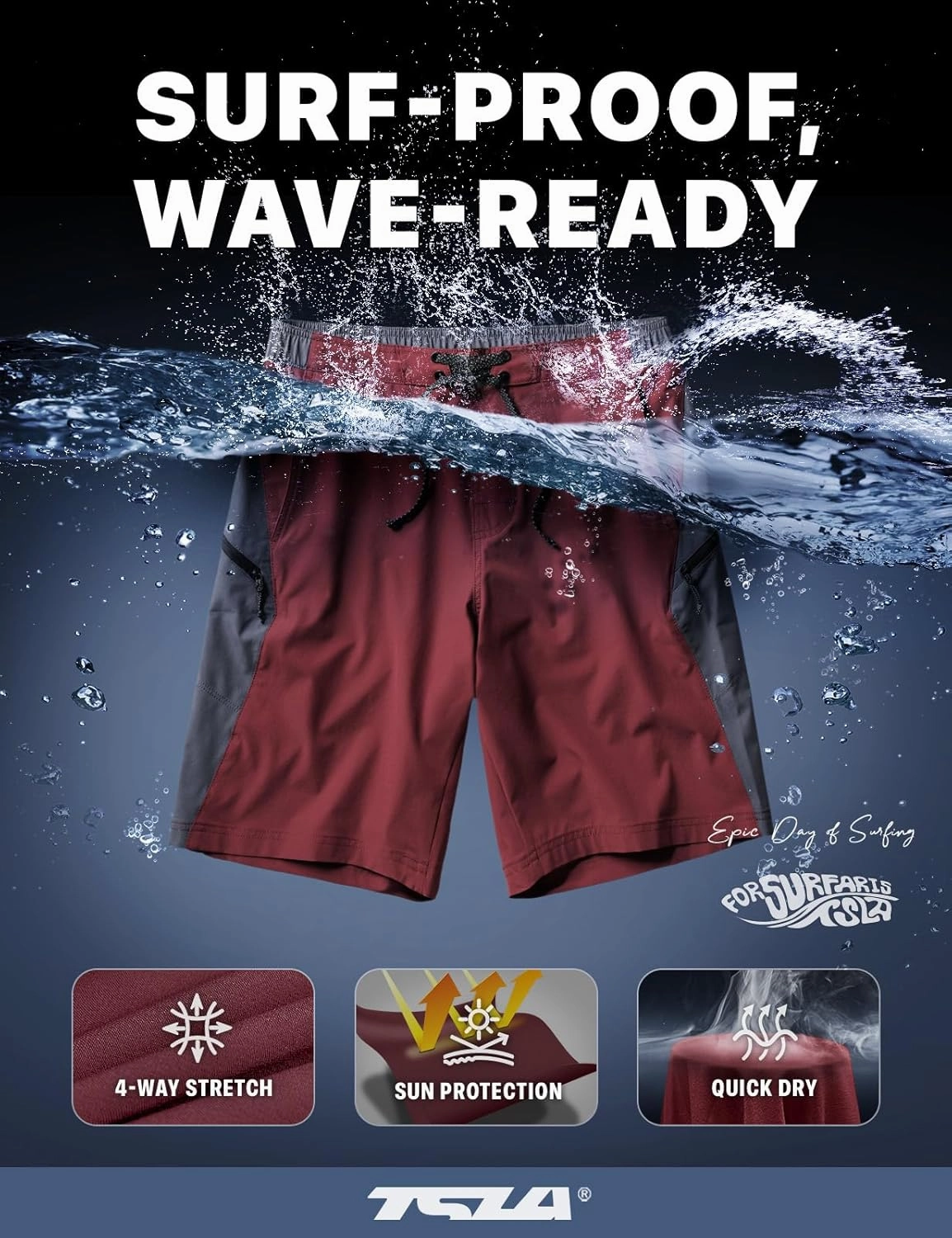 TSLA Men's Swim Trunks, Quick Dry Swimming Beach Board Shorts, Lightweight Swimwear Bathing Suits with Pockets