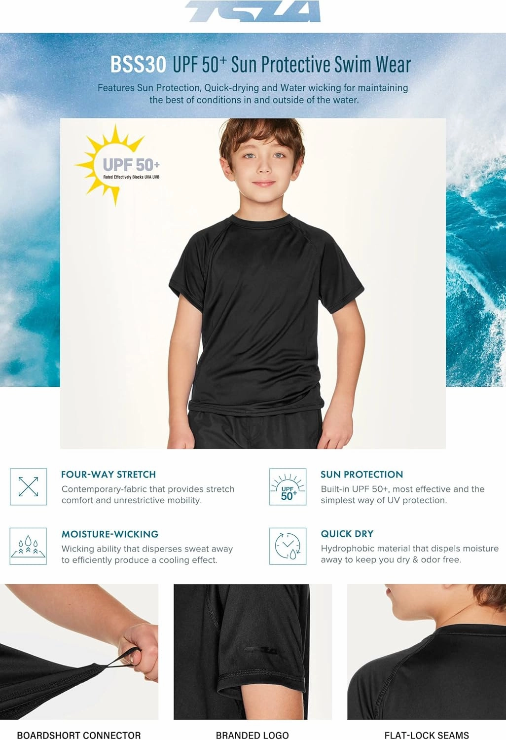 TSLA Youth Kids UPF 50  Short Sleeve, Aqua Water Swimsuit Top, UV/SPF Surf Swim Shirt