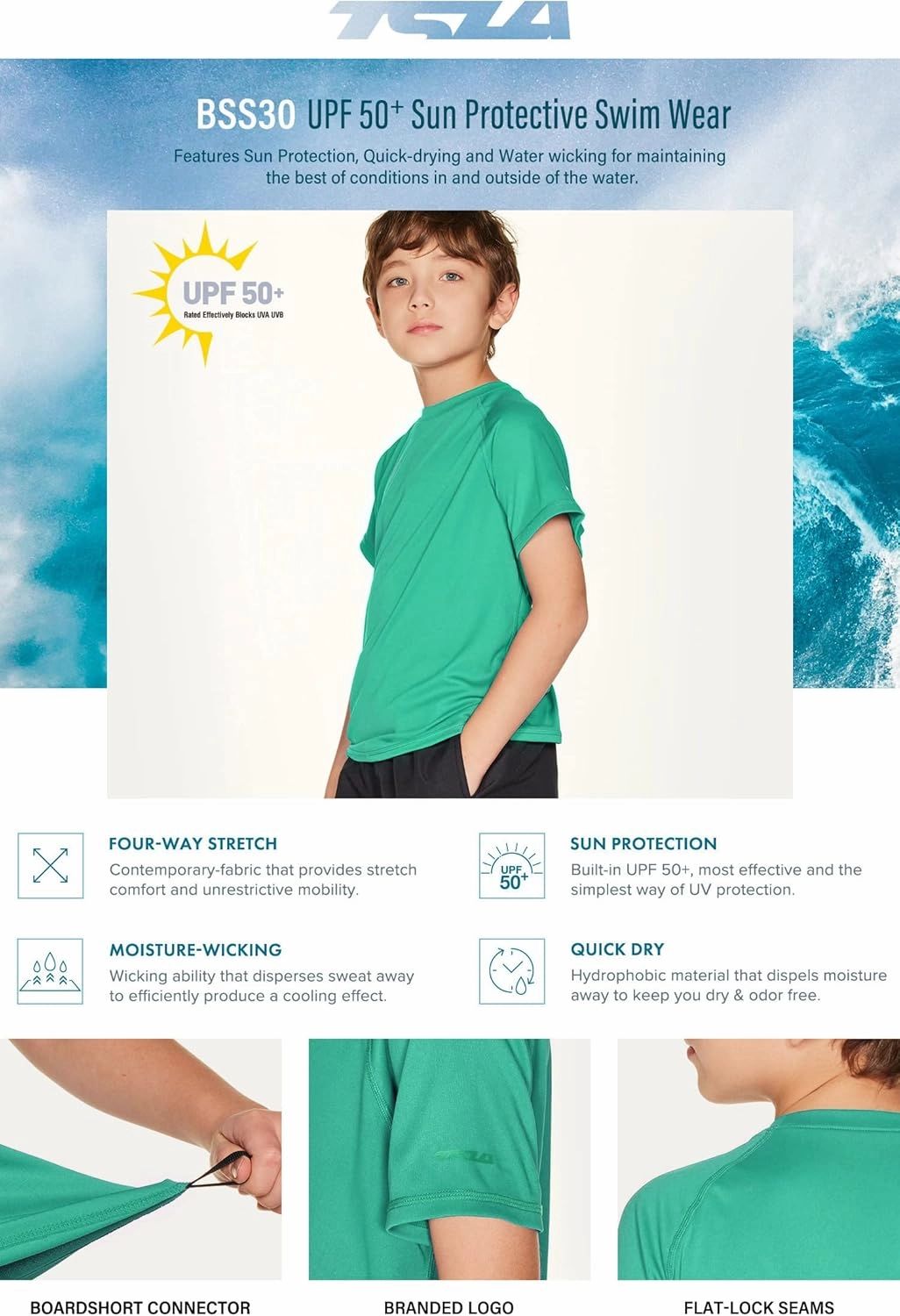 TSLA Youth Kids UPF 50  Short Sleeve, Aqua Water Swimsuit Top, UV/SPF Surf Swim Shirt