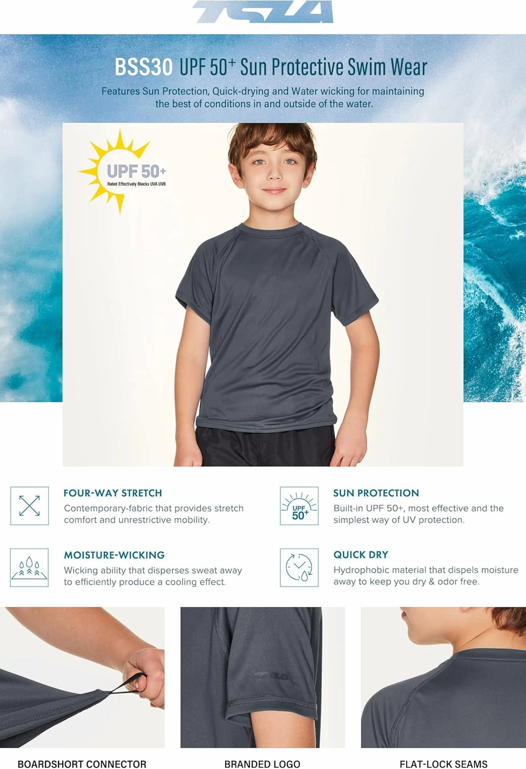 TSLA Youth Kids UPF 50  Short Sleeve, Aqua Water Swimsuit Top, UV/SPF Surf Swim Shirt