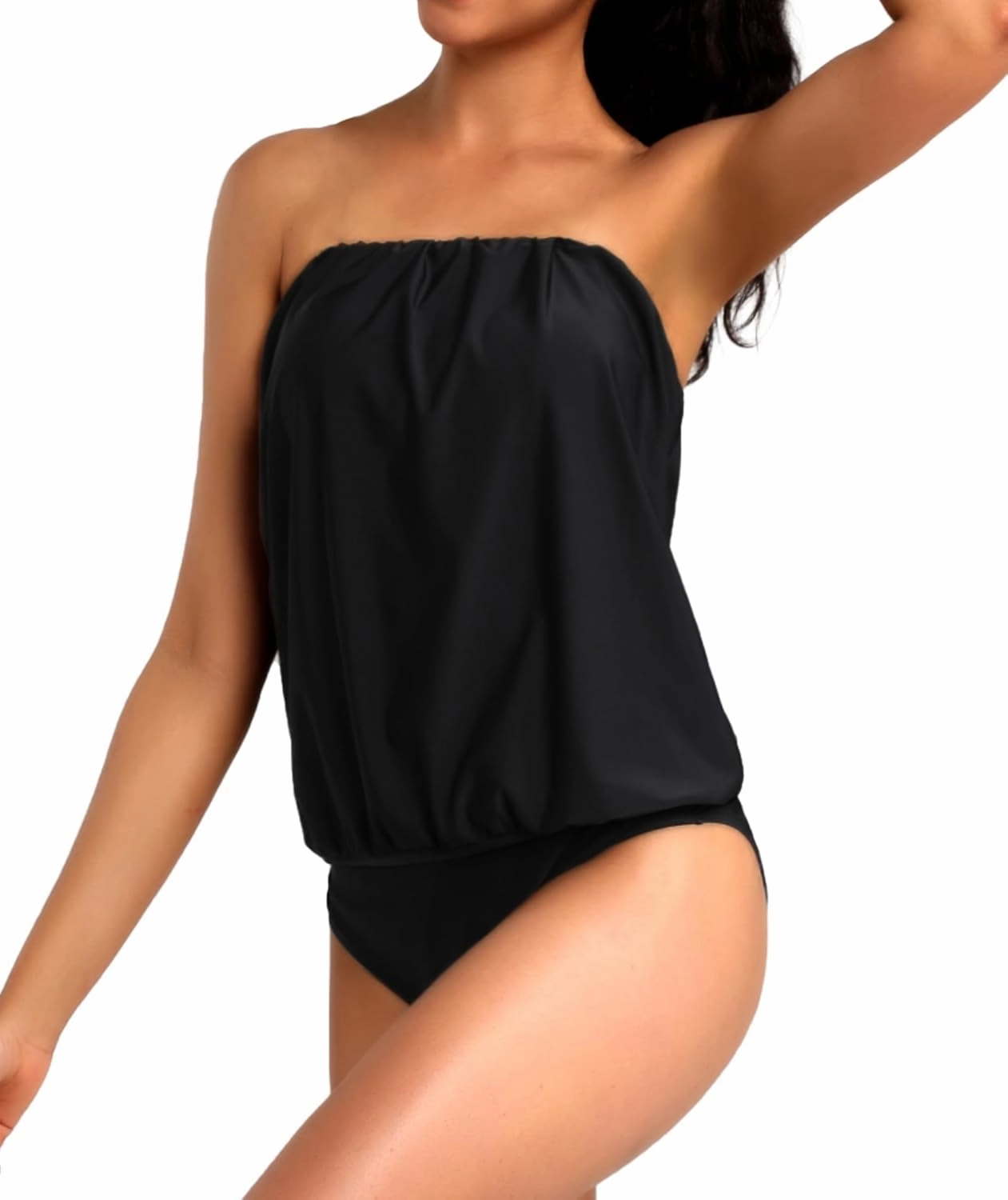 Two Piece Bandeau Tankini Swimsuits for Women Loose Blouson Swim Top with Bikini Bottom Tummy Control Bathing Suits