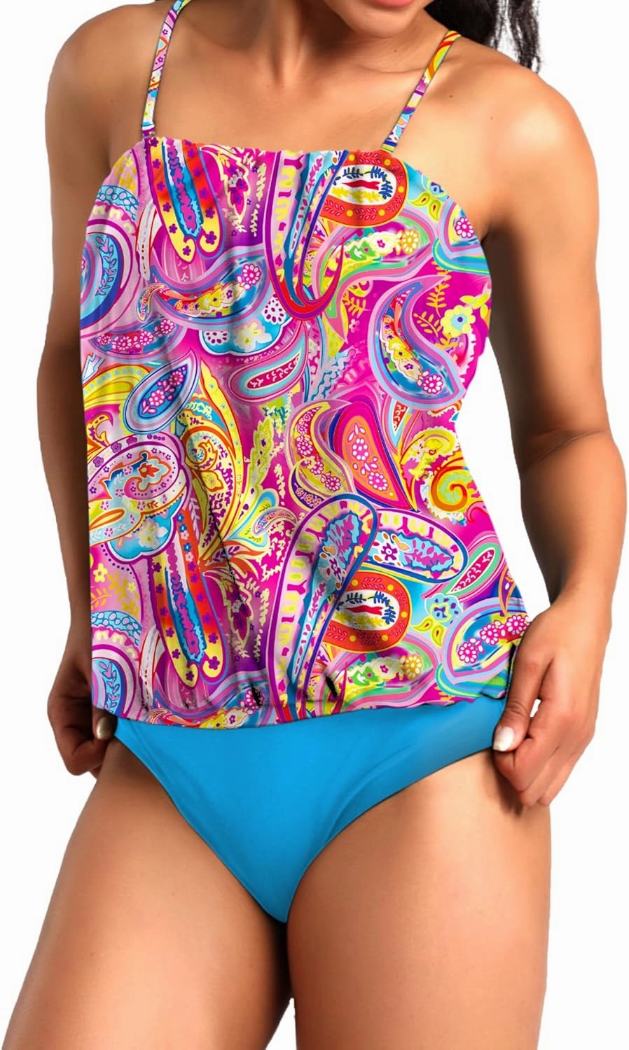 Two Piece Bandeau Tankini Swimsuits for Women Loose Blouson Swim Top with Bikini Bottom Tummy Control Bathing Suits