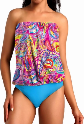 Two Piece Bandeau Tankini Swimsuits for Women Loose Blouson Swim Top with Bikini Bottom Tummy Control Bathing Suits