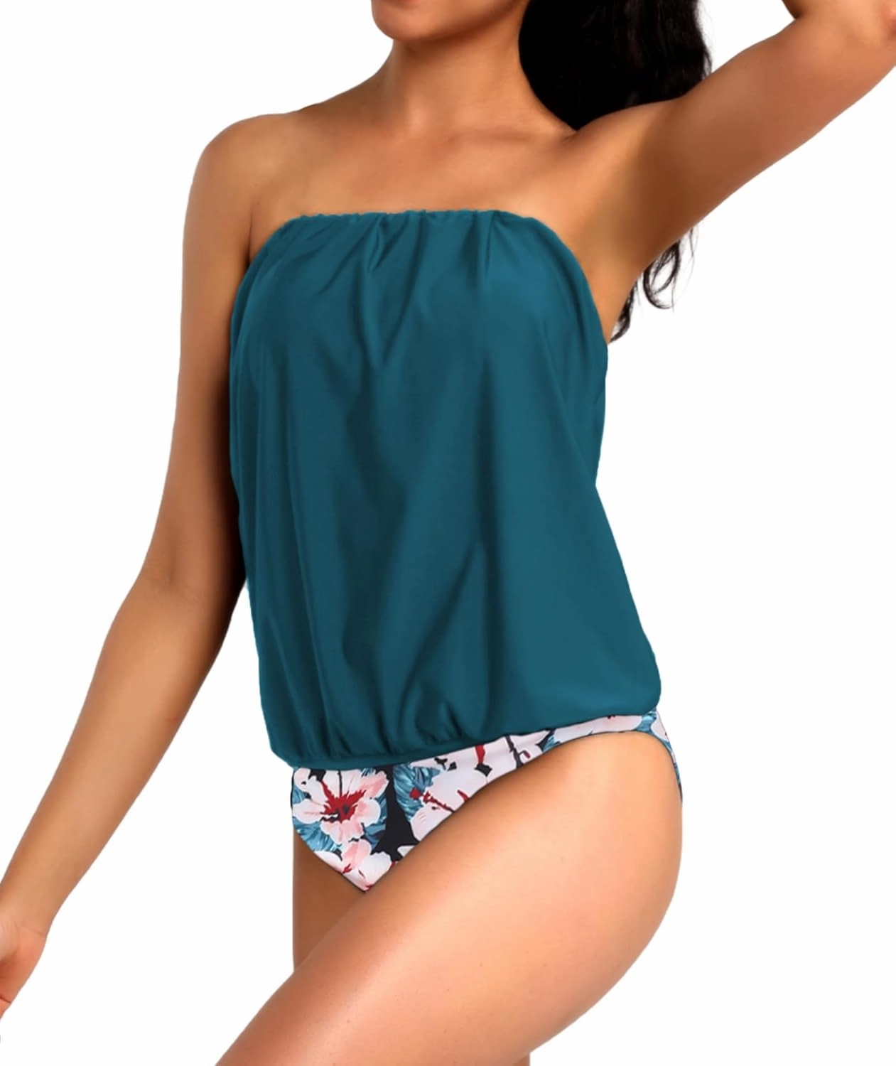 Two Piece Bandeau Tankini Swimsuits for Women Loose Blouson Swim Top with Bikini Bottom Tummy Control Bathing Suits