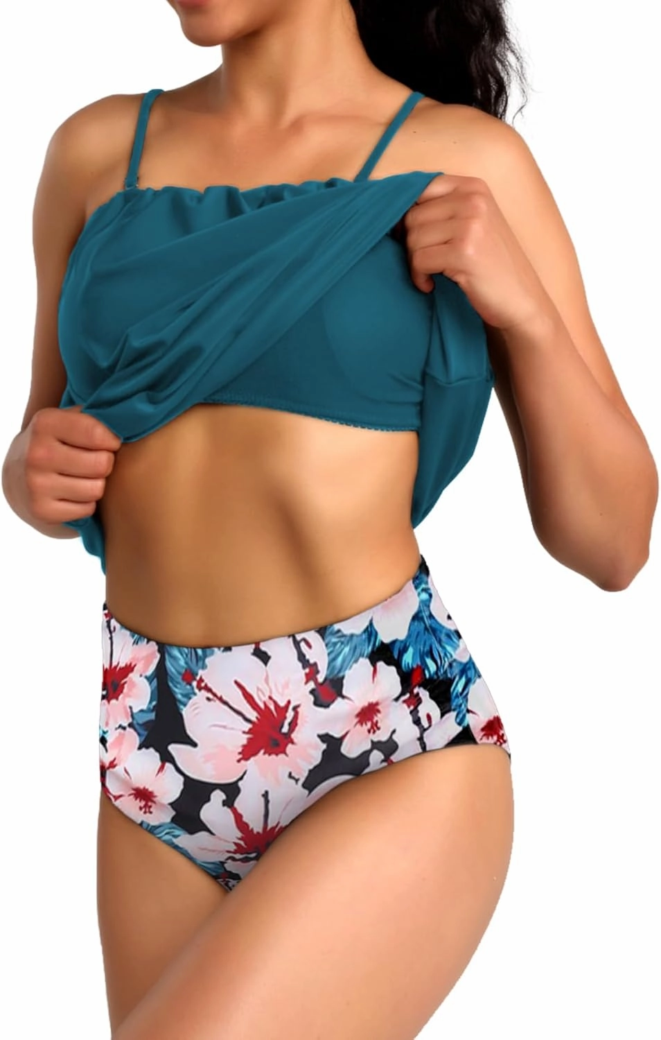 Two Piece Bandeau Tankini Swimsuits for Women Loose Blouson Swim Top with Bikini Bottom Tummy Control Bathing Suits