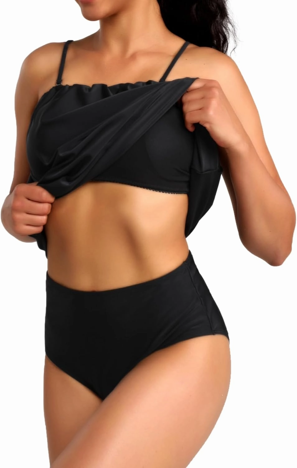 Two Piece Bandeau Tankini Swimsuits for Women Loose Blouson Swim Top with Bikini Bottom Tummy Control Bathing Suits