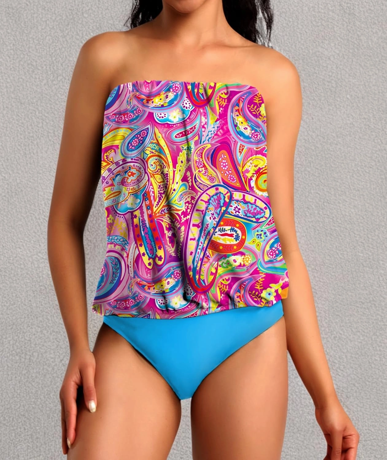 Two Piece Bandeau Tankini Swimsuits for Women Loose Blouson Swim Top with Bikini Bottom Tummy Control Bathing Suits