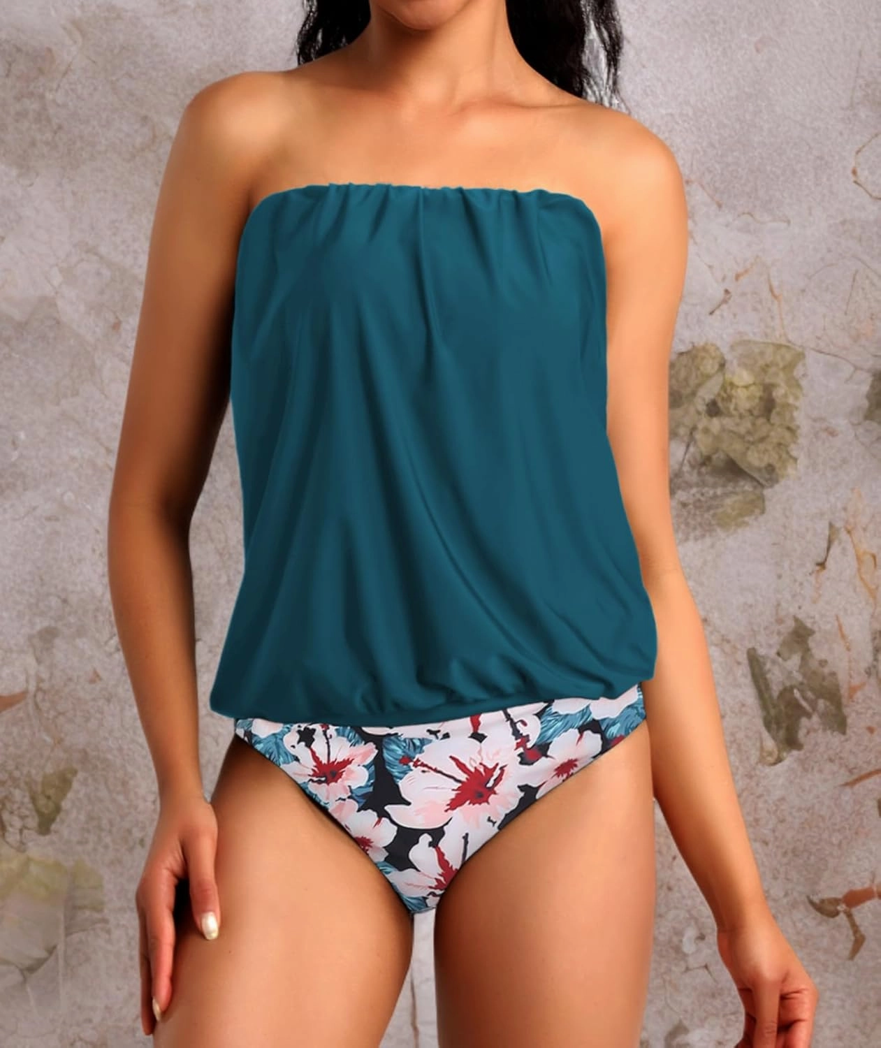 Two Piece Bandeau Tankini Swimsuits for Women Loose Blouson Swim Top with Bikini Bottom Tummy Control Bathing Suits