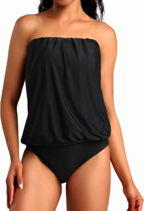 Two Piece Bandeau Tankini Swimsuits for Women Loose Blouson Swim Top with Bikini Bottom Tummy Control Bathing Suits