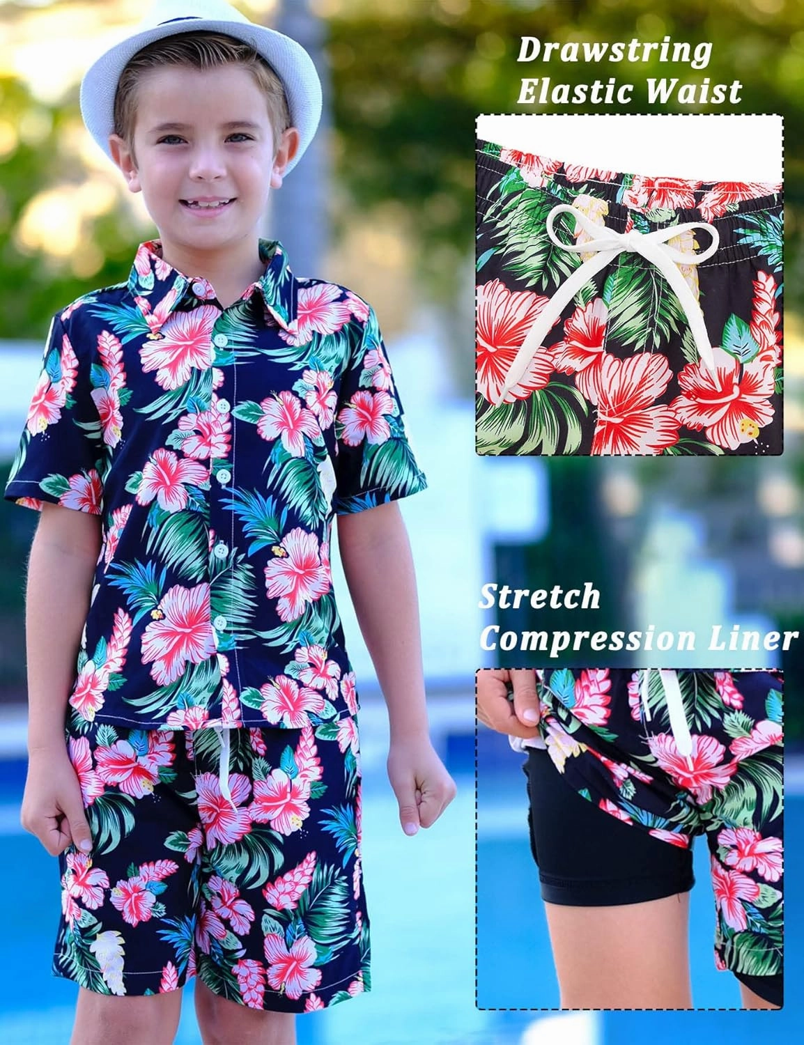 UNICOMIDEA Boys Hawaiian Outfits Tropical Print Button Down Shirt   Swim Trunks 2 Piece Sets for 5-12T Kids