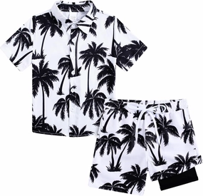 UNICOMIDEA Boys Hawaiian Outfits Tropical Print Button Down Shirt   Swim Trunks 2 Piece Sets for 5-12T Kids