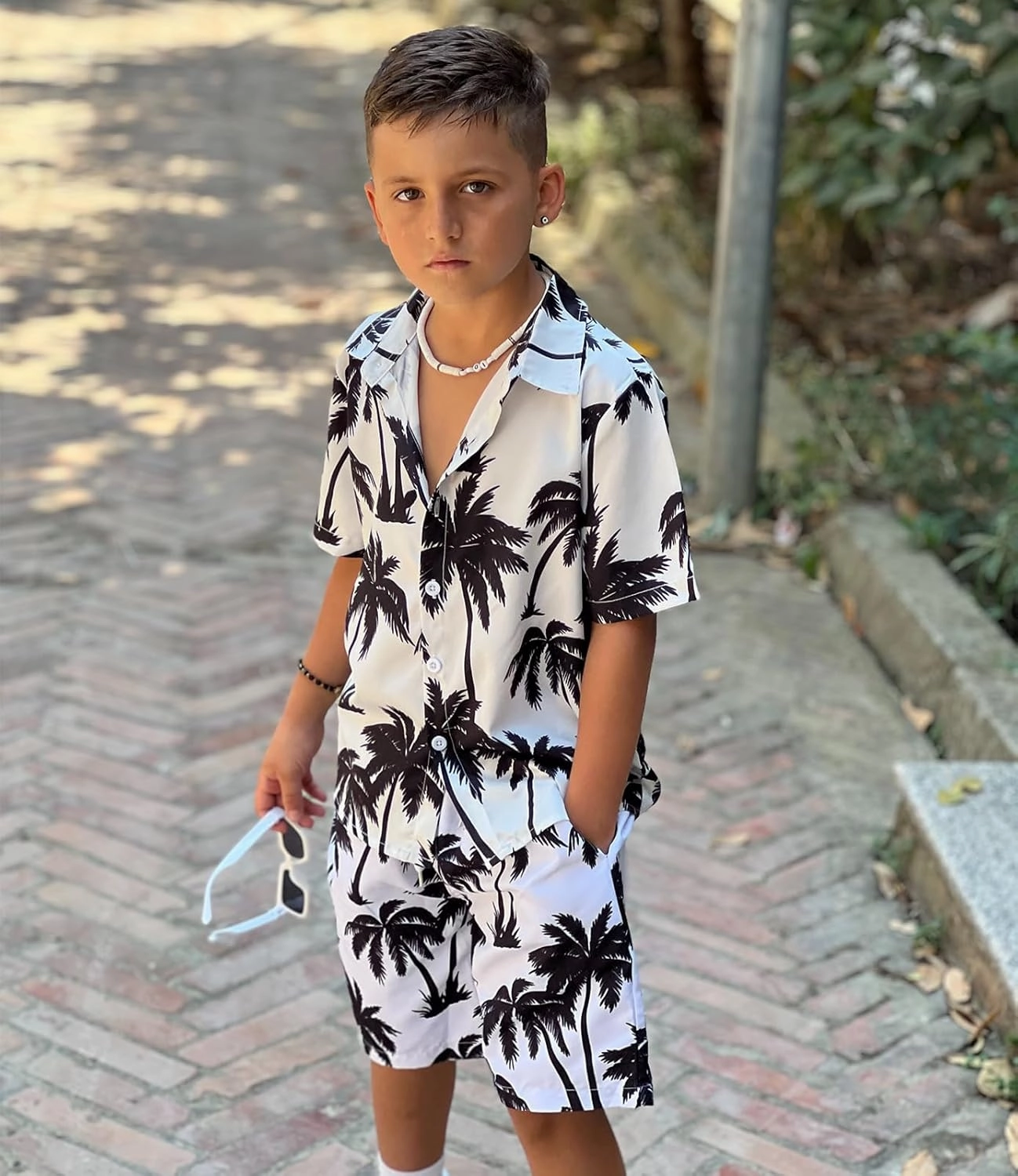 UNICOMIDEA Boys Hawaiian Outfits Tropical Print Button Down Shirt   Swim Trunks 2 Piece Sets for 5-12T Kids