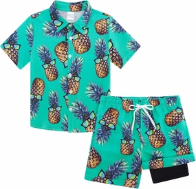 UNICOMIDEA Boys Hawaiian Outfits Tropical Print Button Down Shirt   Swim Trunks 2 Piece Sets for 5-12T Kids