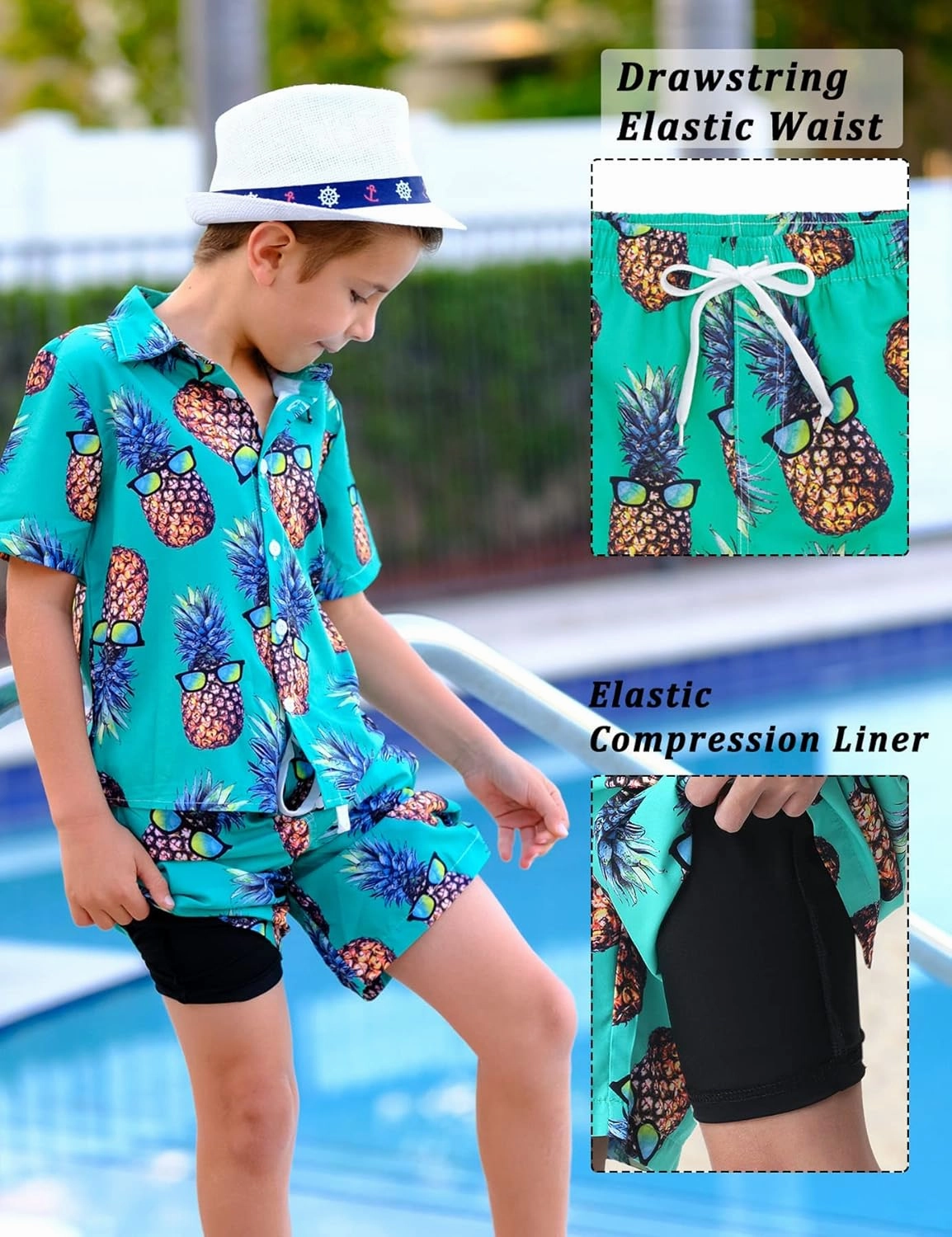 UNICOMIDEA Boys Hawaiian Outfits Tropical Print Button Down Shirt   Swim Trunks 2 Piece Sets for 5-12T Kids