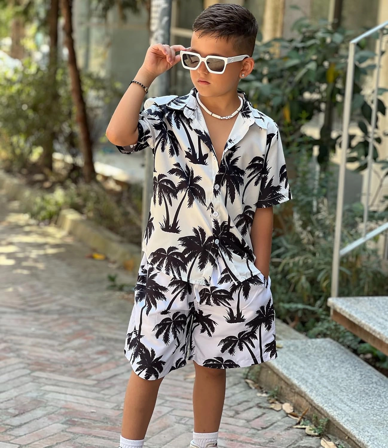 UNICOMIDEA Boys Hawaiian Outfits Tropical Print Button Down Shirt   Swim Trunks 2 Piece Sets for 5-12T Kids