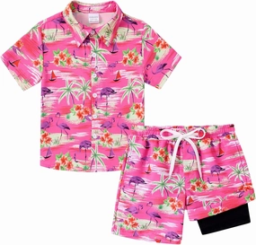 UNICOMIDEA Boys Hawaiian Outfits Tropical Print Button Down Shirt   Swim Trunks 2 Piece Sets for 5-12T Kids