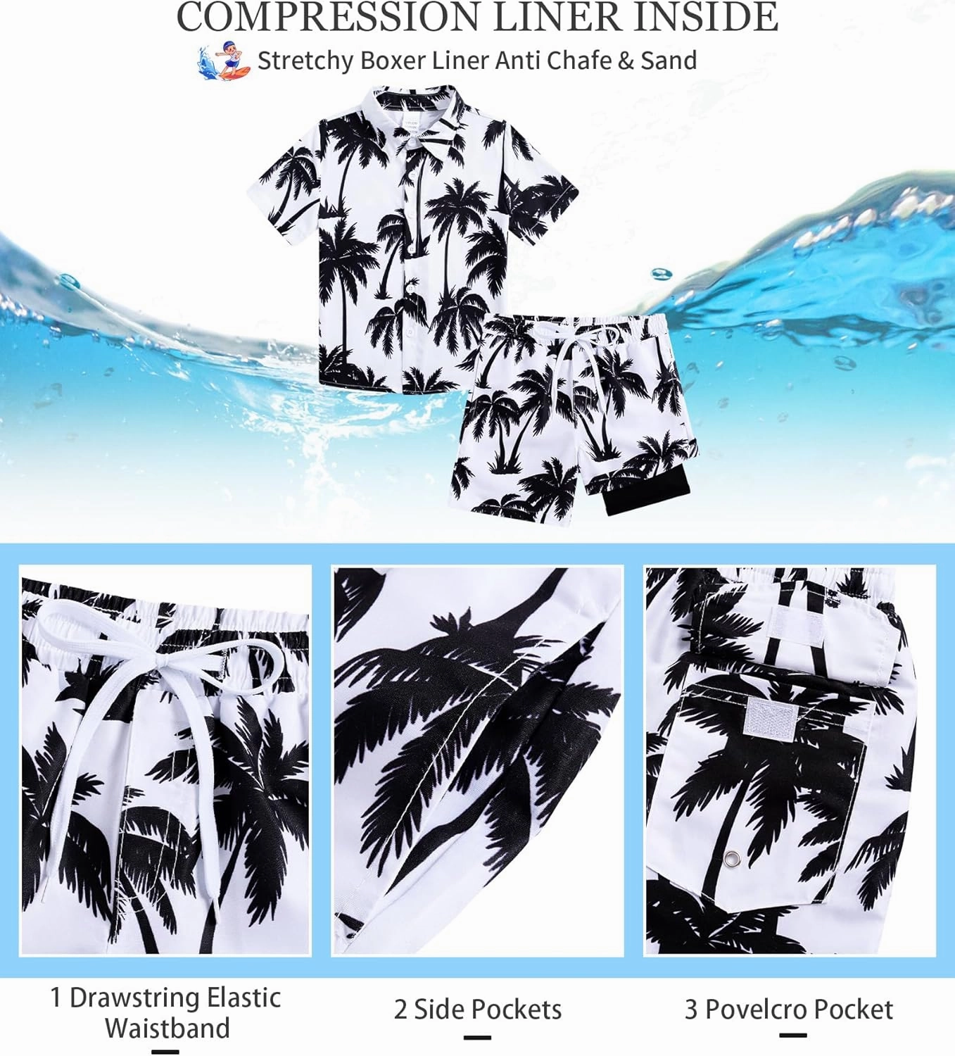 UNICOMIDEA Boys Hawaiian Outfits Tropical Print Button Down Shirt   Swim Trunks 2 Piece Sets for 5-12T Kids