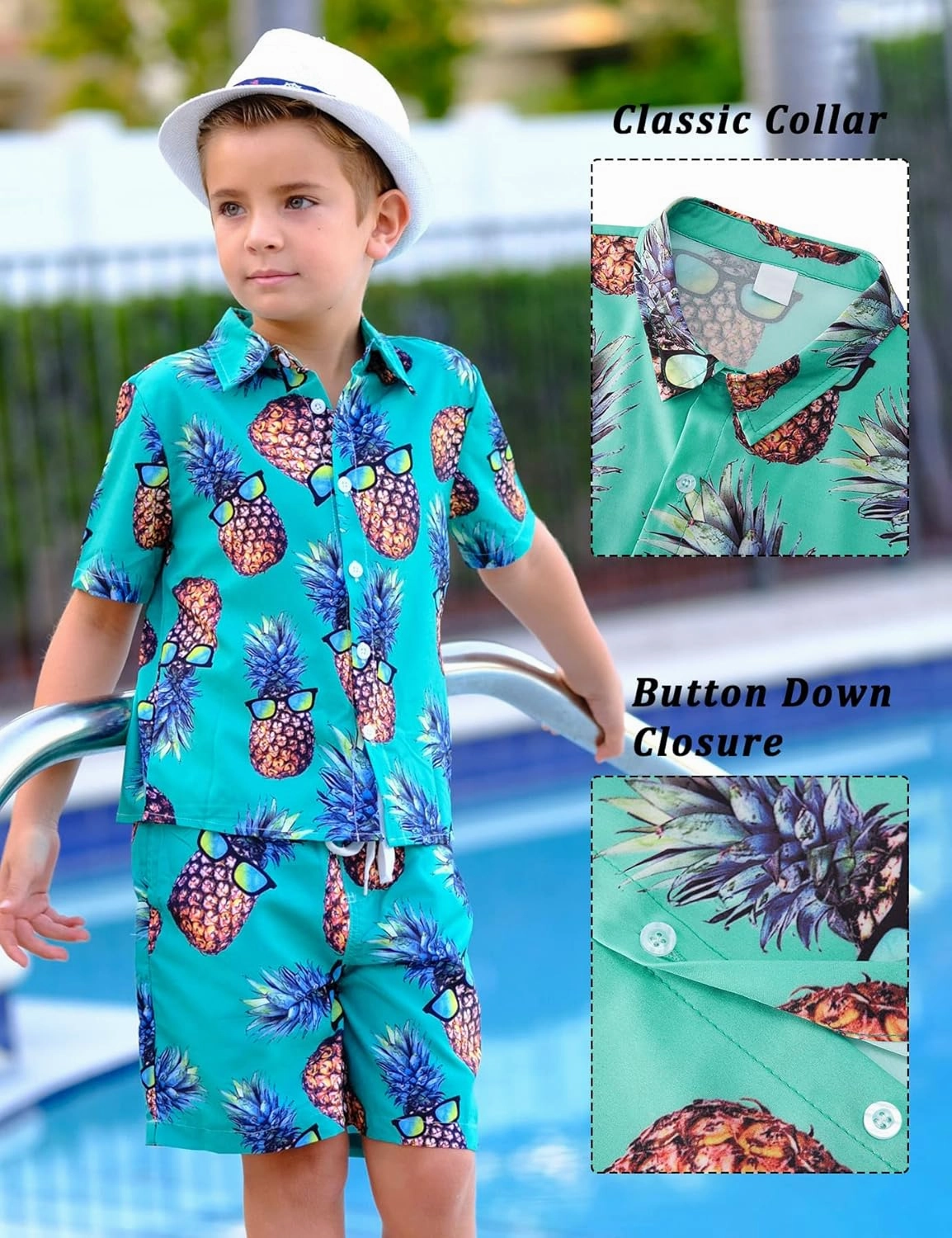 UNICOMIDEA Boys Hawaiian Outfits Tropical Print Button Down Shirt   Swim Trunks 2 Piece Sets for 5-12T Kids