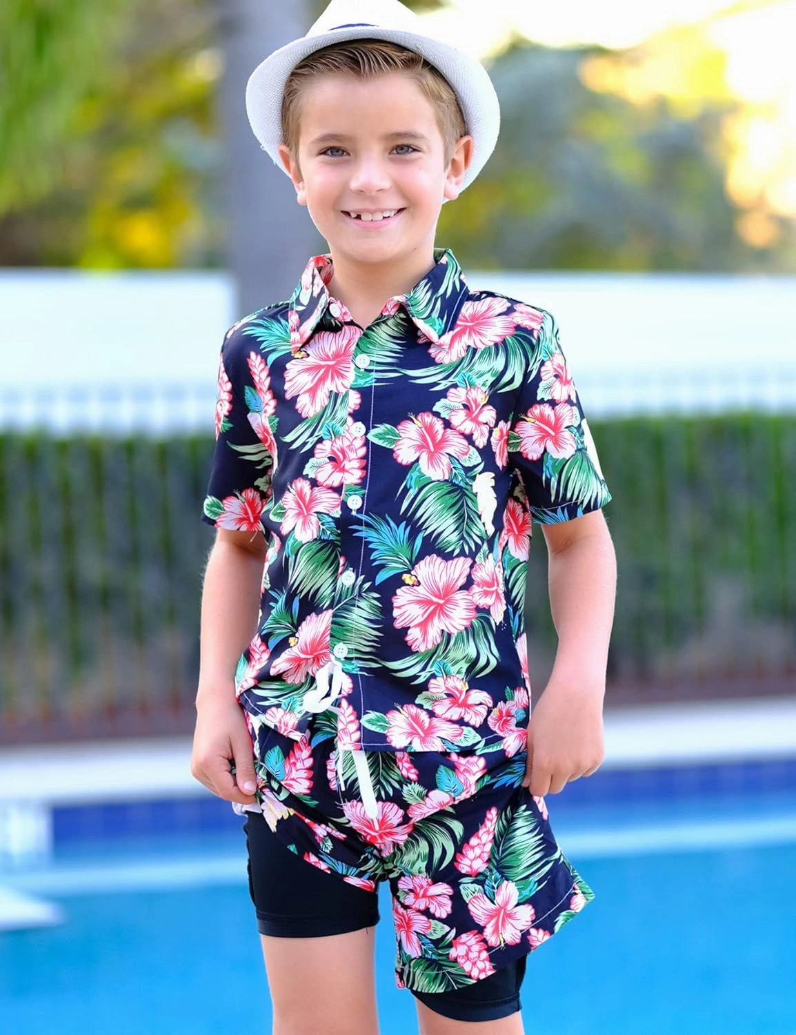 UNICOMIDEA Boys Hawaiian Outfits Tropical Print Button Down Shirt   Swim Trunks 2 Piece Sets for 5-12T Kids