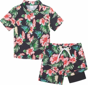 UNICOMIDEA Boys Hawaiian Outfits Tropical Print Button Down Shirt   Swim Trunks 2 Piece Sets for 5-12T Kids