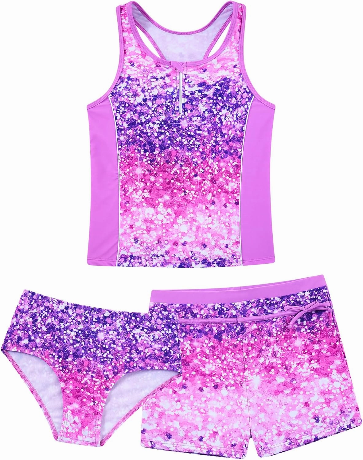 UNICOMIDEA Girls Swimsuits 3 Pieces Tankini Bathing Suit Kids Beach Zipper Bikini Swimwear with Shorts for 7-12 Years