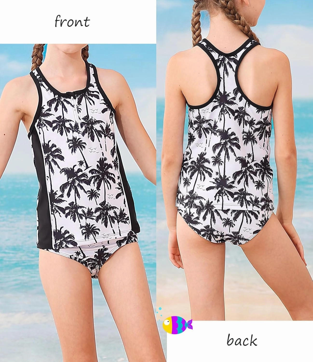 UNICOMIDEA Girls Swimsuits 3 Pieces Tankini Bathing Suit Kids Beach Zipper Bikini Swimwear with Shorts for 7-12 Years