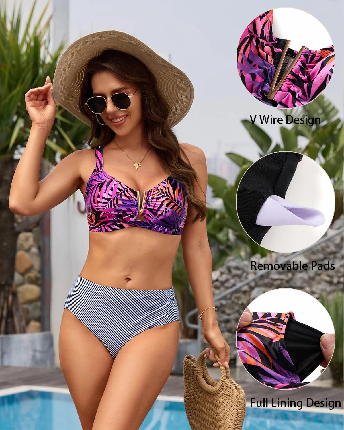 V Wired Bikini Top Only - Vintage Swim Top Padded Bra Swimsuits