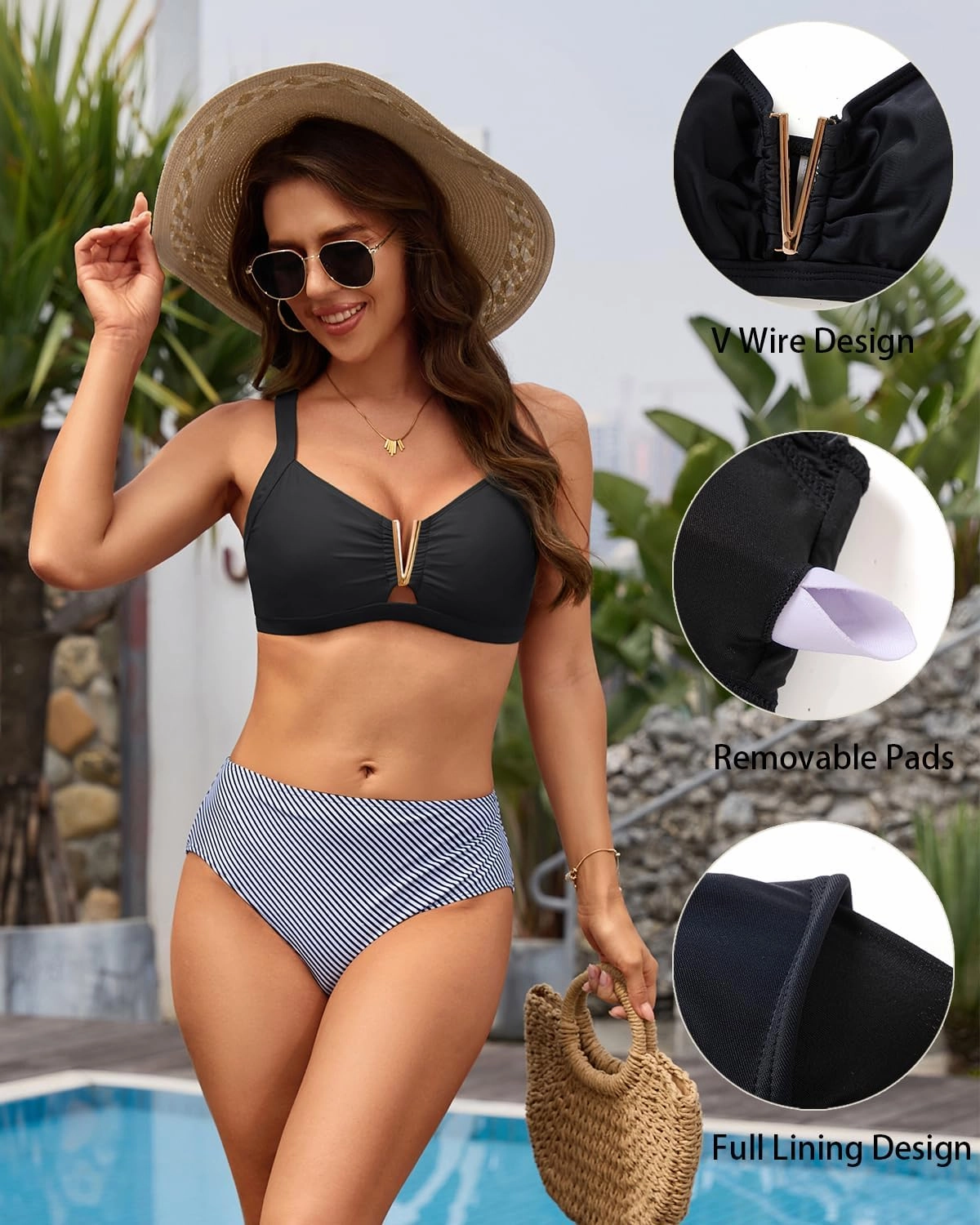 V Wired Bikini Top Only - Vintage Swim Top Padded Bra Swimsuits