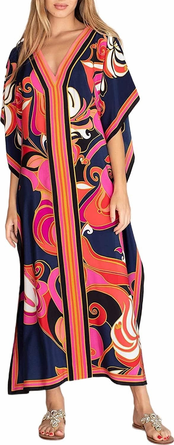 Venasha Womens Caftan Floral Print Kaftan Dress Short Sleeve Swimsuit Cover up Loungewear for Summer