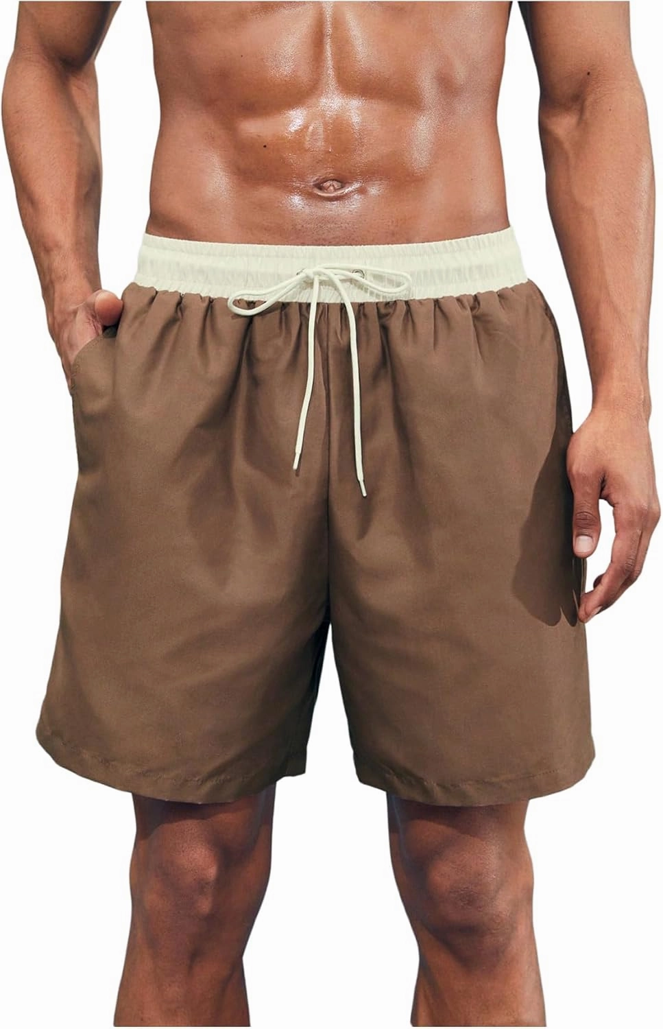 Verdusa Men's Colorblock Elastic Drawstring Waist Swim Trunks Summer Beach Board Shorts with Pockets