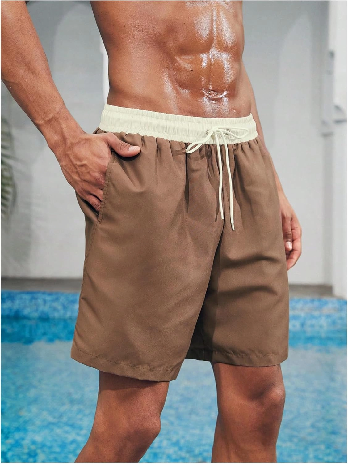 Verdusa Men's Colorblock Elastic Drawstring Waist Swim Trunks Summer Beach Board Shorts with Pockets