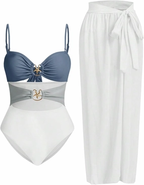 Verdusa Women's Cut Out One Piece Backless Wireless Swimsuit with Cover Up Skirt