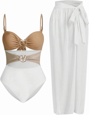 Verdusa Women's Cut Out One Piece Backless Wireless Swimsuit with Cover Up Skirt