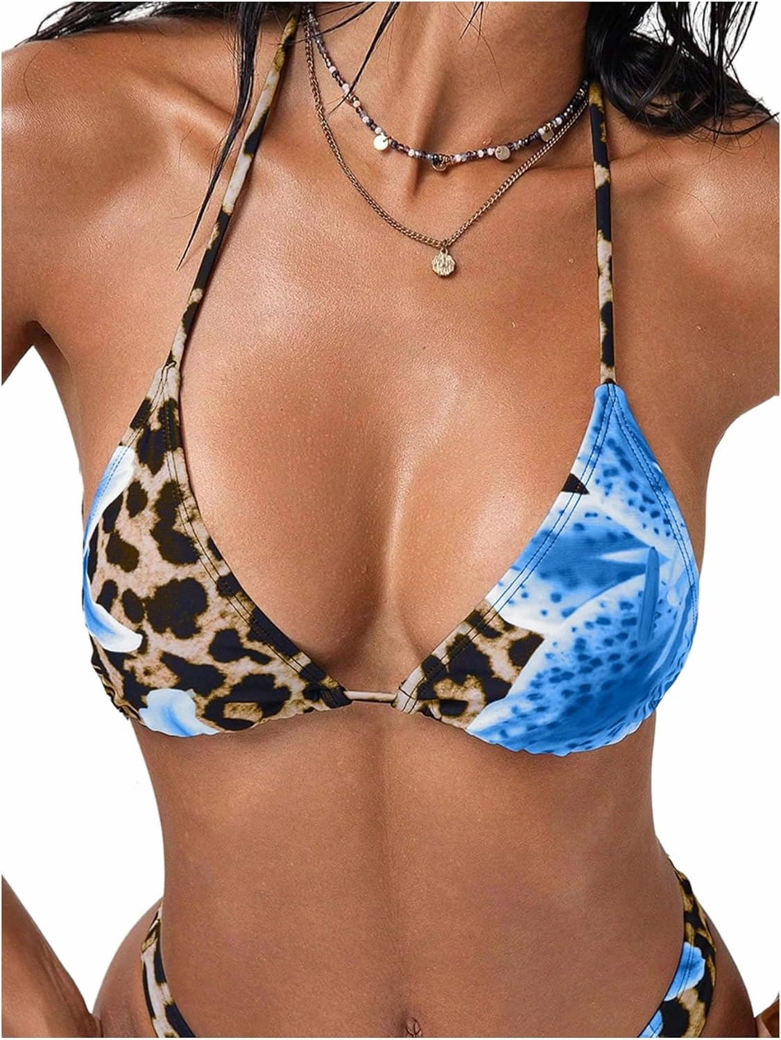 Verdusa Women's Leopard Print Triangle Halter Bikini Tops Floral Tie Back Swimwear Top