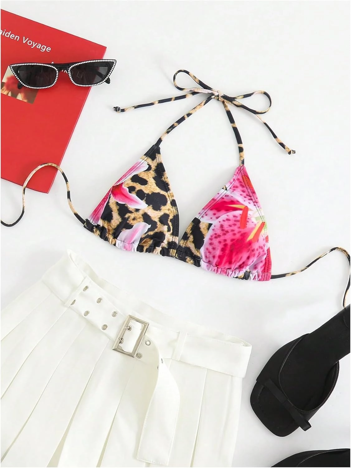Verdusa Women's Leopard Print Triangle Halter Bikini Tops Floral Tie Back Swimwear Top