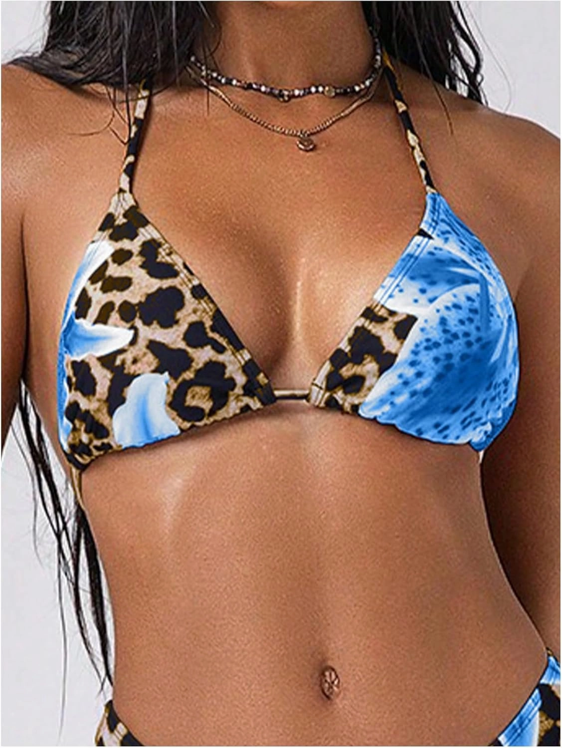 Verdusa Women's Leopard Print Triangle Halter Bikini Tops Floral Tie Back Swimwear Top