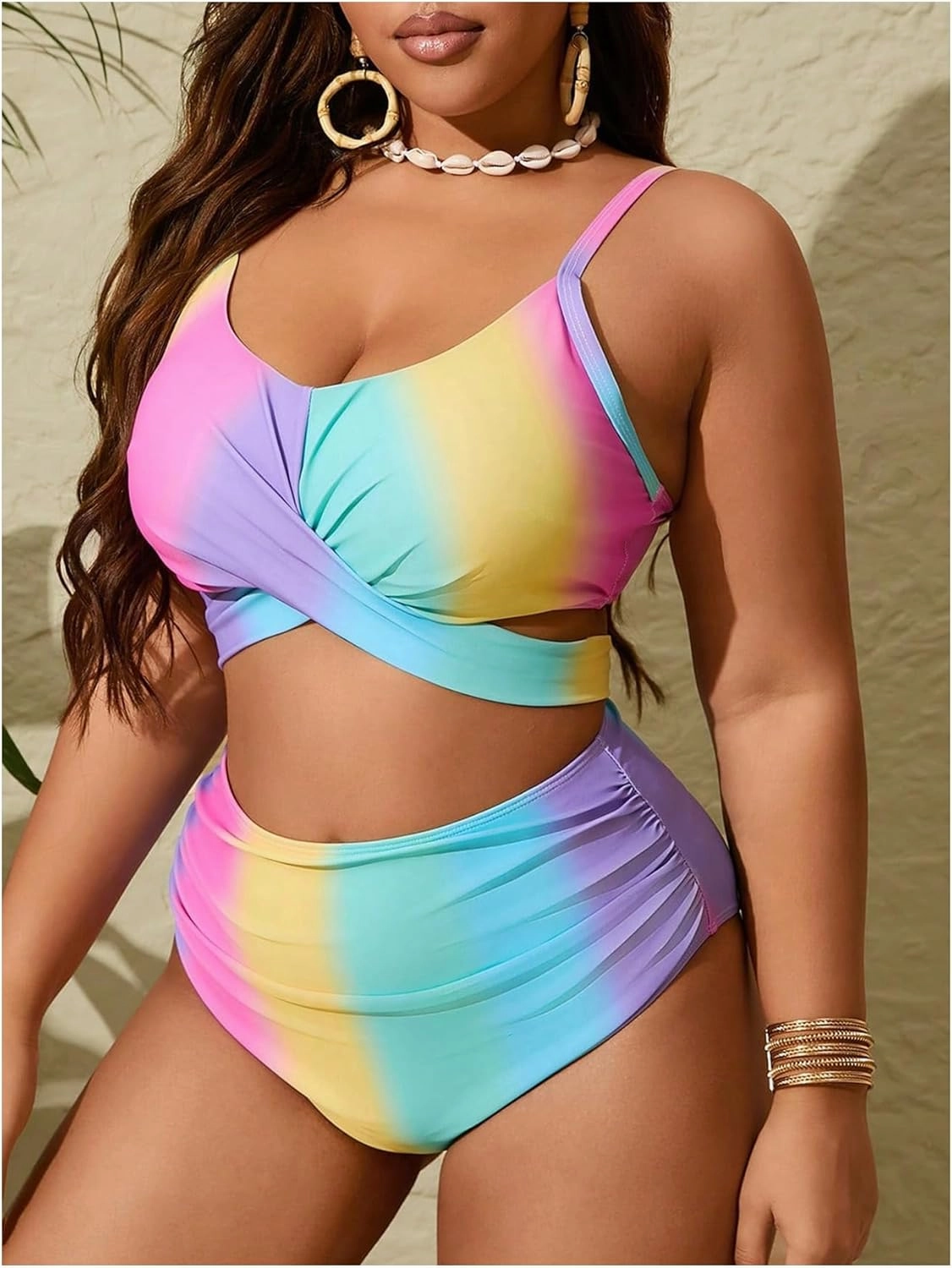 Verdusa Women's Plus Size 2 Piece Colorblock Ombre Bikini Set Cross Front Ruched Tie Back Swimsuit