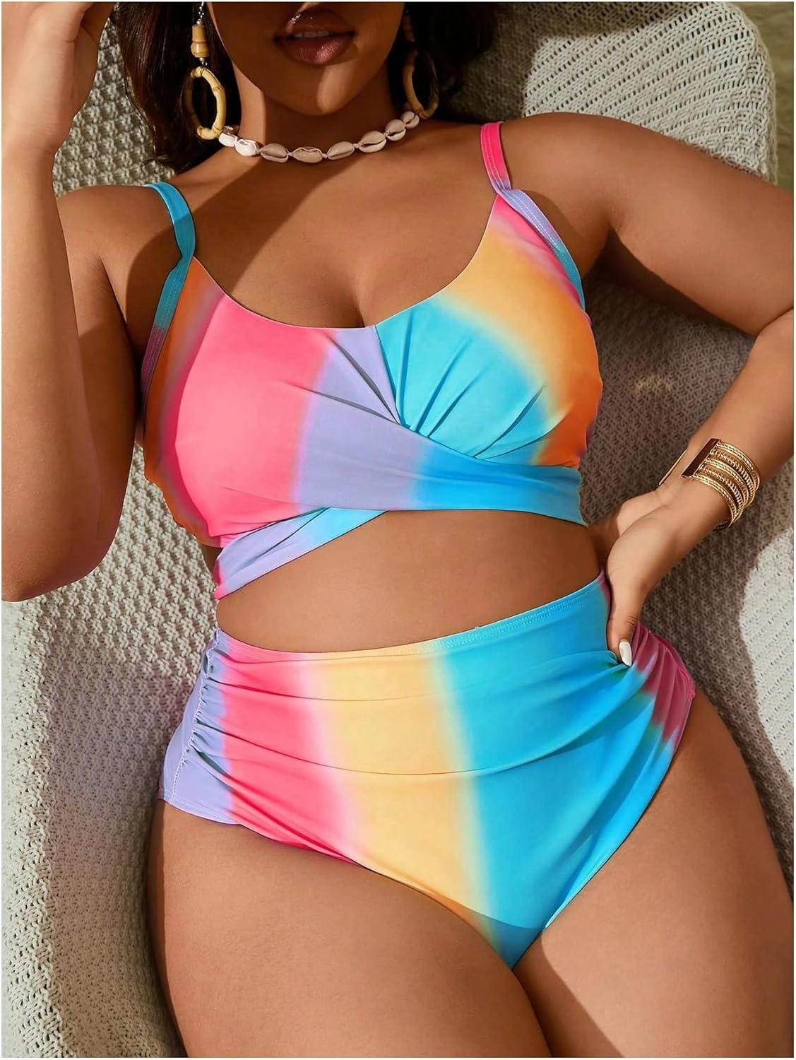 Verdusa Women's Plus Size 2 Piece Colorblock Ombre Bikini Set Cross Front Ruched Tie Back Swimsuit
