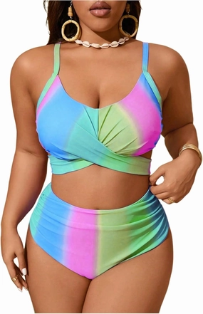 Verdusa Women's Plus Size 2 Piece Colorblock Ombre Bikini Set Cross Front Ruched Tie Back Swimsuit