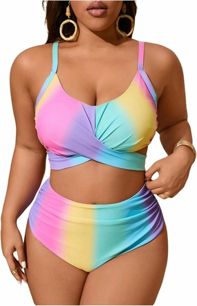 Verdusa Women's Plus Size 2 Piece Colorblock Ombre Bikini Set Cross Front Ruched Tie Back Swimsuit