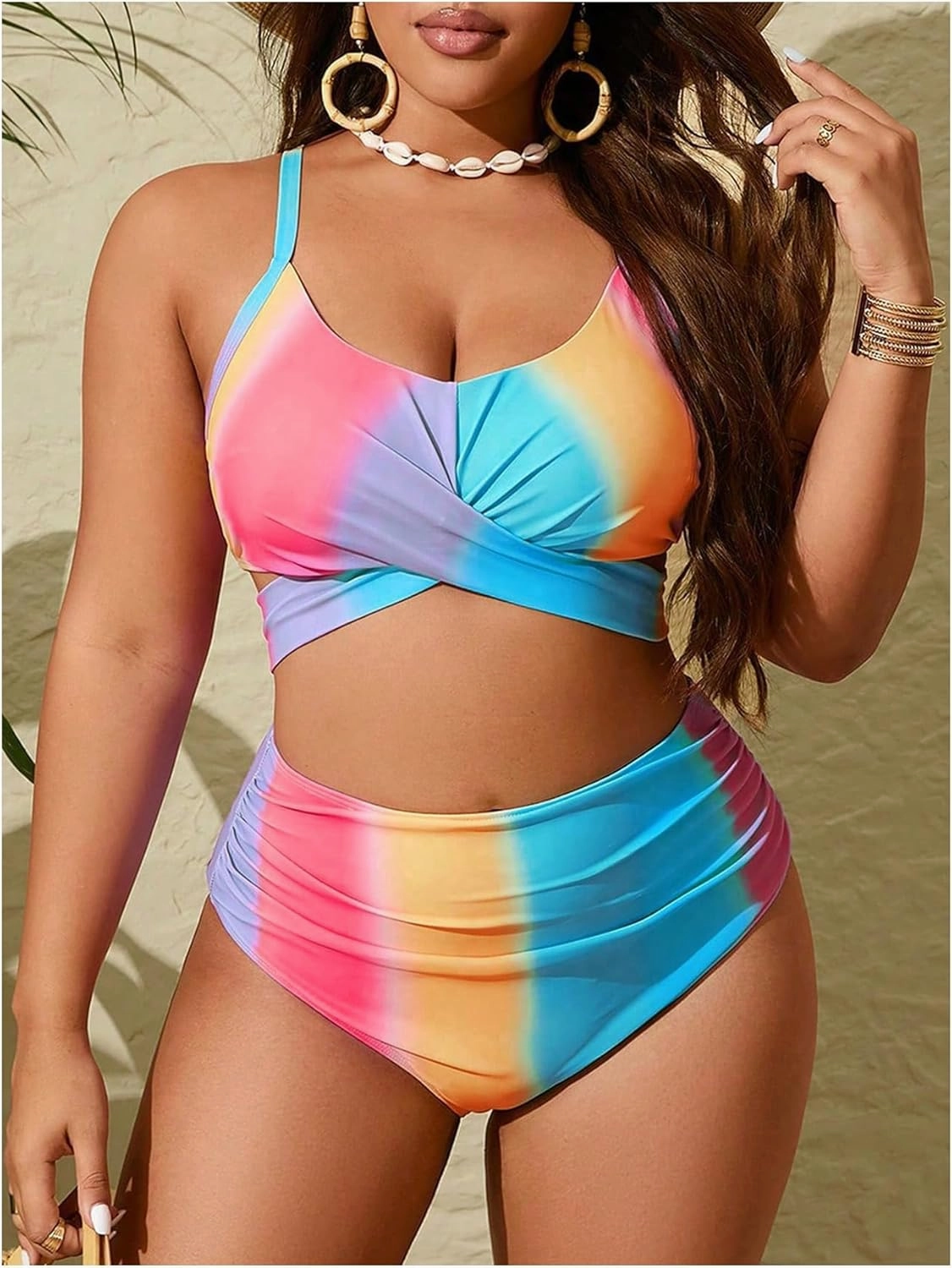 Verdusa Women's Plus Size 2 Piece Colorblock Ombre Bikini Set Cross Front Ruched Tie Back Swimsuit