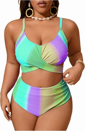 Verdusa Women's Plus Size 2 Piece Colorblock Ombre Bikini Set Cross Front Ruched Tie Back Swimsuit