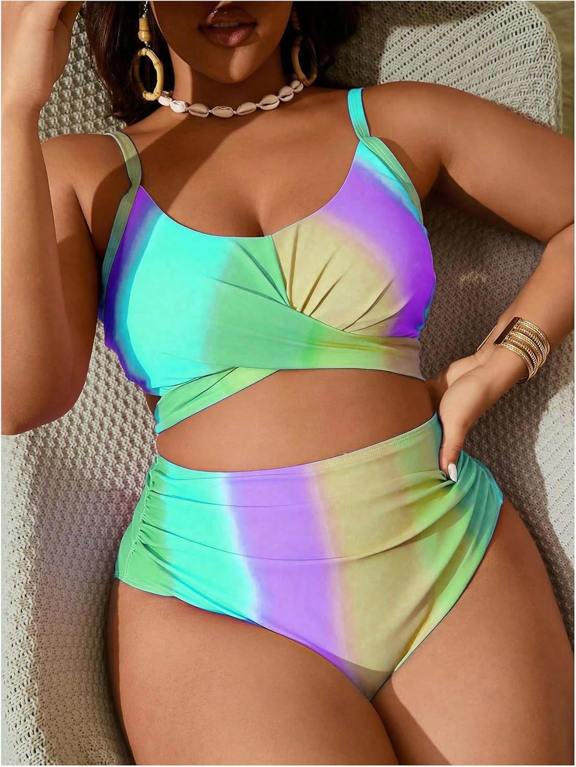 Verdusa Women's Plus Size 2 Piece Colorblock Ombre Bikini Set Cross Front Ruched Tie Back Swimsuit